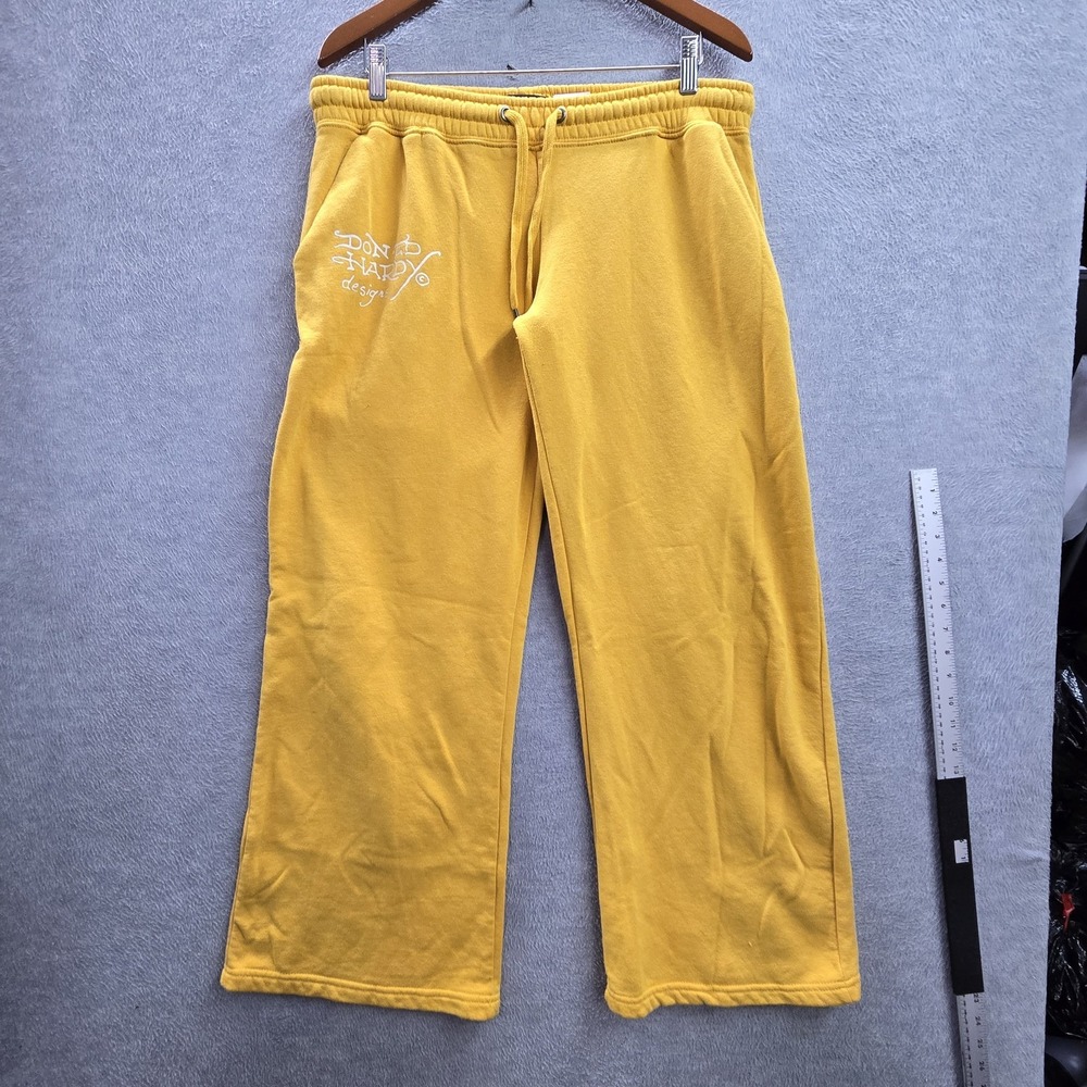 Ed Hardy Women Activewear Pants L Yellow Sweatpants Graphic Dragon Wide Leg